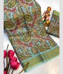 Fern Green and Turquoise color linen sarees with all over printed design -LINS0004013