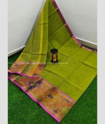 Green and Pink color Uppada Cotton handloom saree with Pochampally Border Design-UPAT0003142