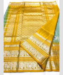 Fern Green and Yellow color venkatagiri pattu sarees with all over checks and buttas design -VAGP0001162