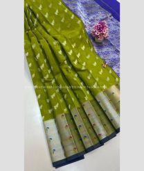 Leafy Green and Blue color Chenderi silk sarees with paithani border design -CNDP0016307