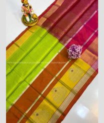 Parrot Green and Chestnut color kuppadam pattu sarees with all over checks design -KUPP0097235