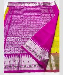Yellow and Pink color venkatagiri pattu sarees with all over checks and buttas design -VAGP0001193