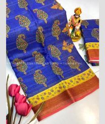 Blue and Chestnut color linen sarees with all over printed design -LINS0004014