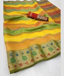 Yellow and Tomato Red color Kora handloom saree with All over Lines Design-KORS0000138