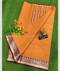 Mustard Yellow and Chocolate color Uppada Cotton sarees with plain design -UPAT0004819