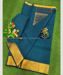 Dark Teal and Golden color Uppada Cotton sarees with plain design -UPAT0004827