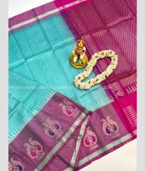 Turquoise and Deep Pink color Kollam Pattu handloom saree with All over Checks Design-KOLP0001706
