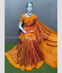 Brown and Mango Yellow color pochampally Ikkat cotton handloom saree with All over Pochampally Ikkat Design-PIKT0000174