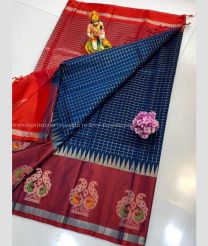 Red and Navy Blue color Kollam Pattu sarees with kaddy border design -KOLP0001817