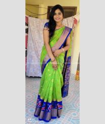 Parrot Green and Blue color Chenderi silk handloom saree with Pochampally Border Design-CNDP0012081