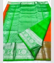 Orange and Parrot Green color venkatagiri pattu sarees with all over buttas design -VAGP0001155