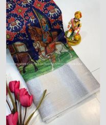 Navy Blue and Cream color linen sarees with all over printed design -LINS0004017