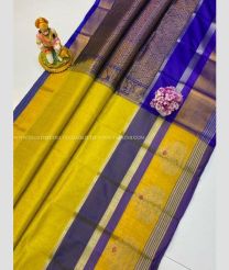 Golden Yellow and Navy Blue color kuppadam pattu sarees with all over checks design -KUPP0097238