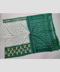 Cream and Pine Green color pochampally Ikkat cotton handloom saree with All over Pochampally Ikkat Design-PIKT0000257