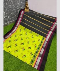 Yellow and Black color Chenderi silk sarees with all over design -CNDP0016411
