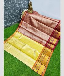 Lemon Yellow and Crimson color Chenderi silk sarees with all over design -CNDP0016408