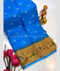 Blue and Golden Brown color linen sarees with all over printed design -LINS0004015