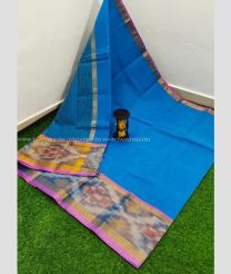 Blue and Pink color Uppada Cotton handloom saree with Pochampally Border Design-UPAT0003140