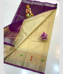 Purple and Cream color Kollam Pattu sarees with kaddy border design -KOLP0001822