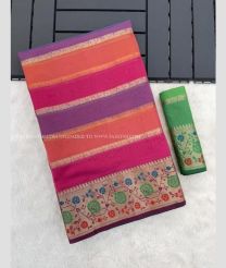 Pink and Green color Kora handloom saree with All over Lines Design-KORS0000137