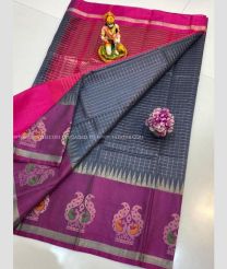 Pink and Grey color Kollam Pattu sarees with kaddy border design -KOLP0001830