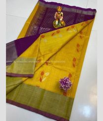 Purple and Yellow color Kollam Pattu sarees with kaddy border design -KOLP0001815