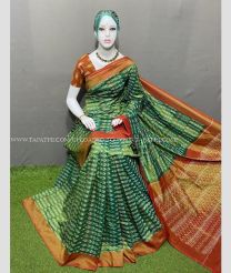 Pine Green and Brown color pochampally Ikkat cotton handloom saree with All over Pochampally Ikkat Design-PIKT0000177
