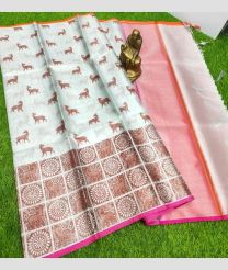 Half white and Pink color Uppada Tissue sarees with all over printed design -UPPI0001820