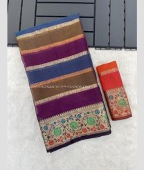 Purple and Lite Orange color Kora handloom saree with All over Lines Design-KORS0000139