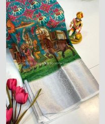 Teal and Green color linen sarees with all over printed design -LINS0004018