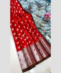 Red and Blue Jay color Chenderi silk sarees with paithani border design -CNDP0016308
