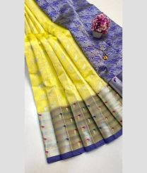Lemon Yellow and Purple Blue color Chenderi silk sarees with paithani border design -CNDP0016305