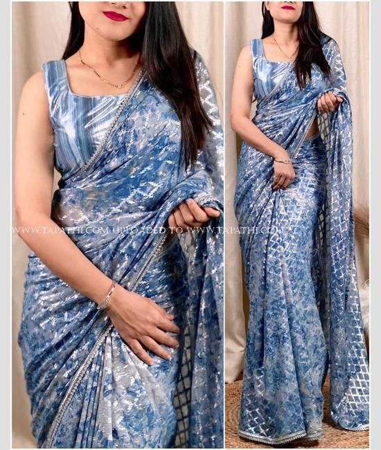 silver grey and blue silk saree with blouse – Threads