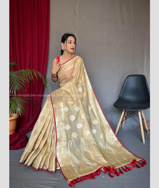 Linen Zari Red Checks Handloom Saree - Elegant Ethnic Wear