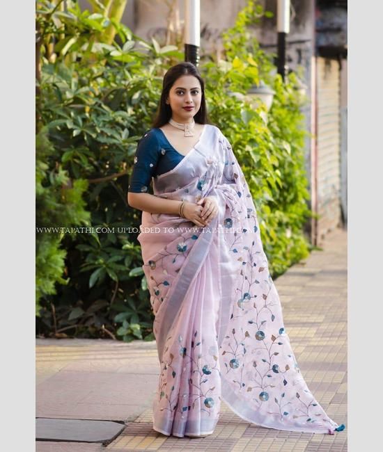 Sandal Organza Saree With Floral Embroidered Cutwork