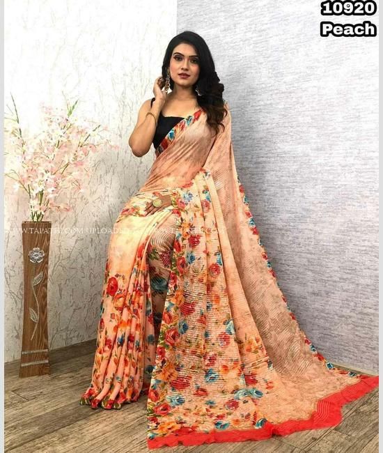 Vishal Prints Peach Orange Printed Fancy Chiffon Saree With Core Pipin