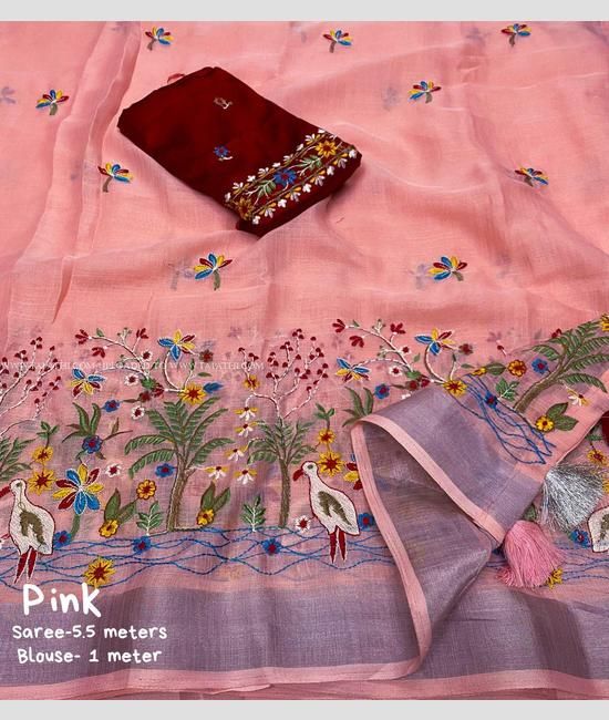 Peach and Red color linen sarees with plain saree design -LINS0002227