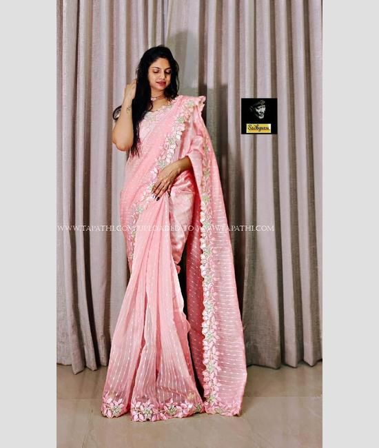 Dazzling Baby Pink Color Original Organza With Real Mirror Designer Saree