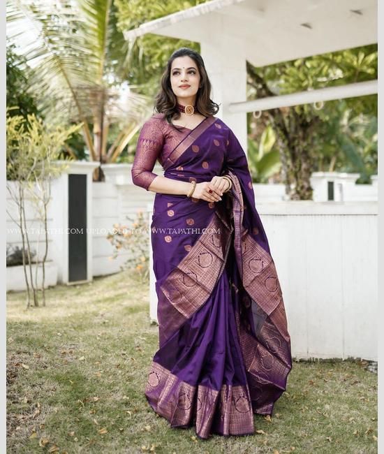 Buy Purple Banarasi Saree With Woven Floral Pallu And Unstitched Blouse  Piece