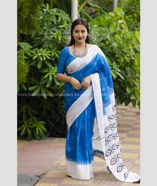 Blue & White Shaded Silk-Linen Saree with Mangalgiri Border | SK112