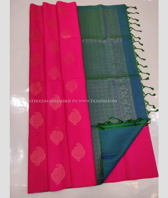 Yellow and Peacock Blue color soft silk kanchipuram sarees with plain  border saree design -KASS0000144