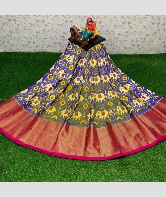 Pochampally Traditional House Green Silk Ikkat Designed Un-Stitched  Handloom Lehenga Choli