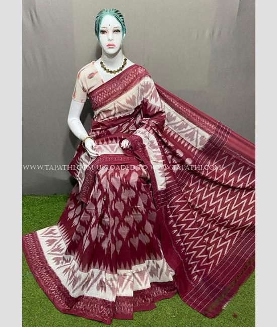 Buy Pink Red Handwoven Cotton Ikat Saree | Linen World