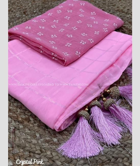 Light Pink Chiffon Saree with Padded Foil Printed Border | FashSpark