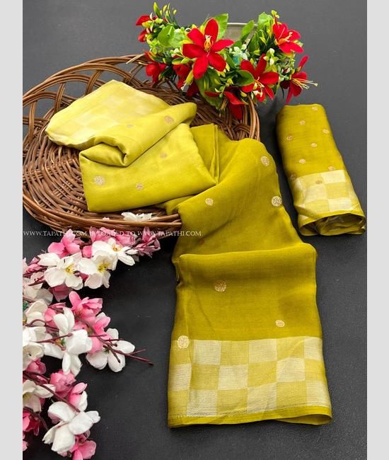 Yellow Chiffon Saree With Tassels