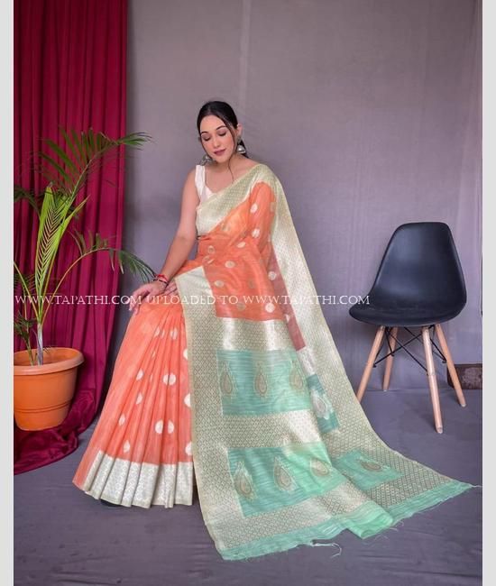 Ivory Orange linen saree – Sonal Kabra