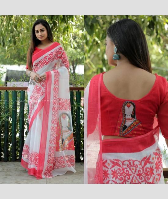 White Digital Printed Designer Linen Saree|Shop Linen Saree Online|Jhakhas