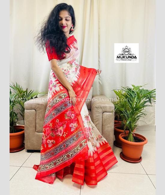 Half White and Red color silk sarees with all over floral with gap kanchi  border design -