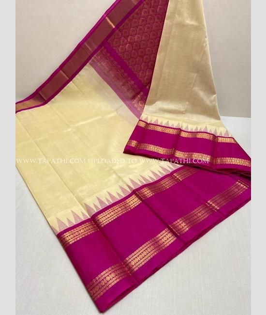 Cream Print Bapta Silk Saree with Orange Temple Border