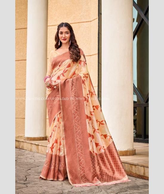 Redefining Chic Style with Peach-Colored Banarasi Silk Saree – YNF